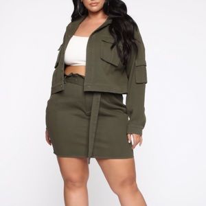 Crop jacket and skirt khaki set